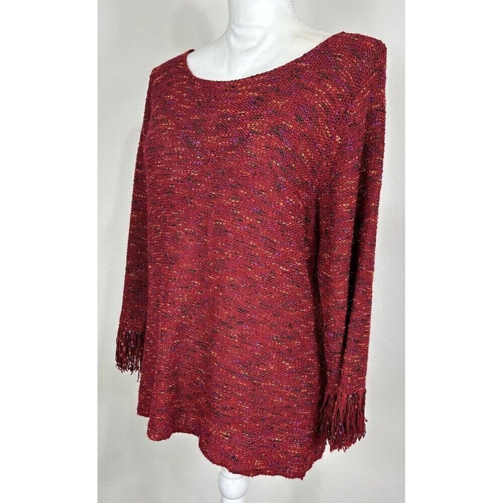 Coldwater Creek Dark Red Pullover Sweater Large (14/16) Fringe Cuffs Knit Casual - Picture 7 of 12